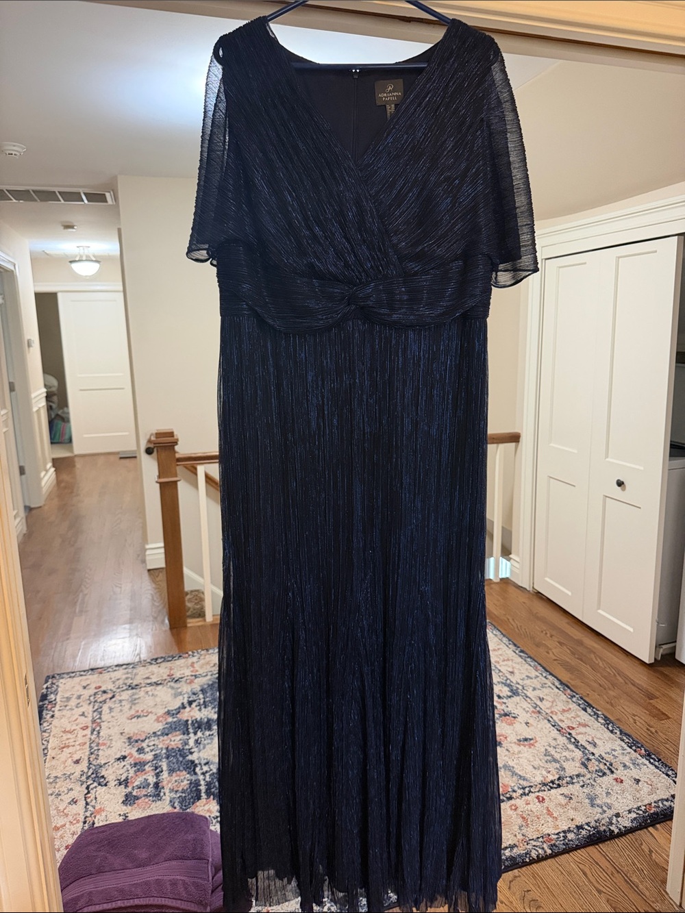Adrianna Papell Navy Shimmer Pleated V-Neck Maxi Dress